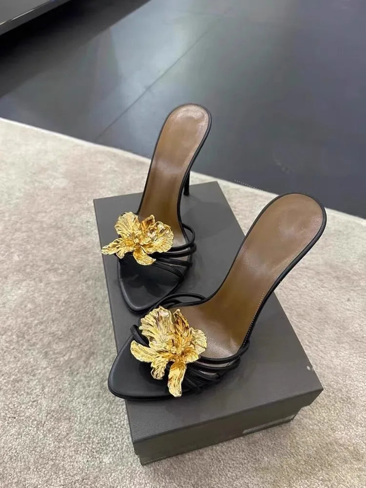 Metal Flower Decor Fashion Women's Stiletto High Heel Slip-On Sandal Pumps