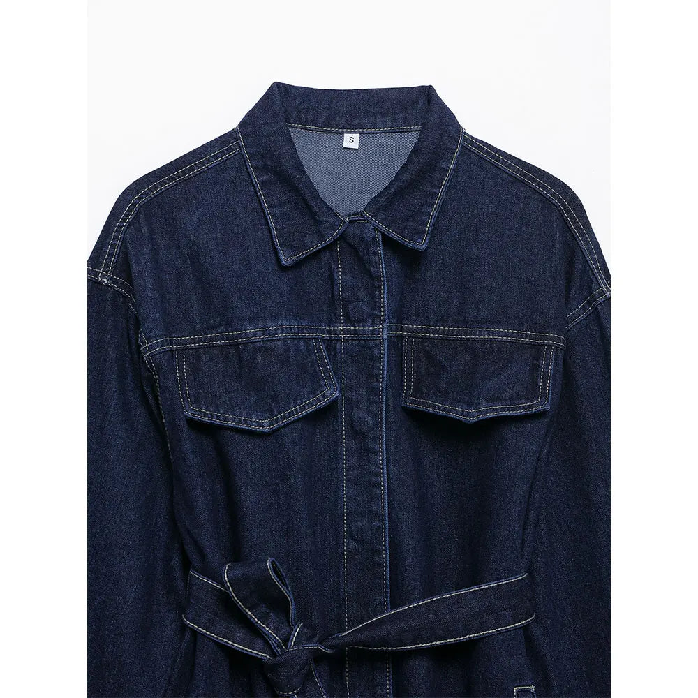 Denim Dark Blue Turn-Down Collar Women's Sash Belted Jean Jacket + Matching  Jeans Pants 2-Piece Set