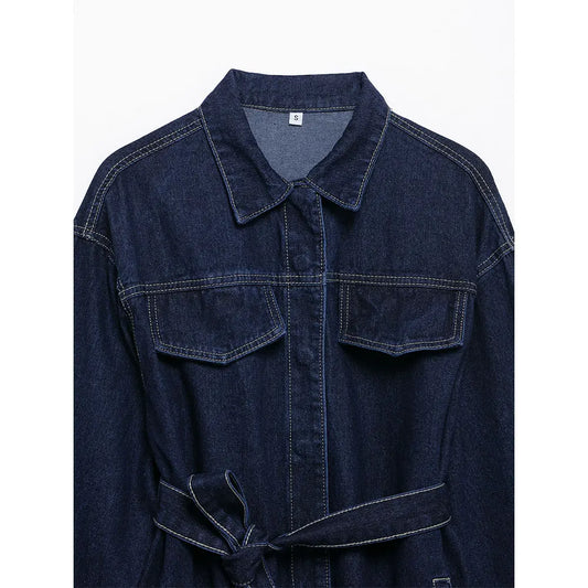 Denim Dark Blue Turn-Down Collar Women's Sash Belted Jean Jacket + Matching  Jeans Pants 2-Piece Set