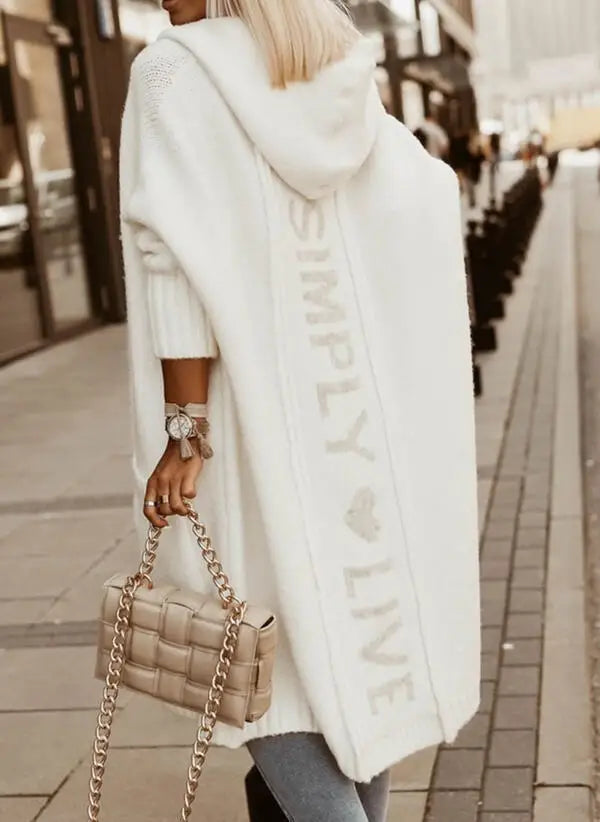 "Simply Live" Letter Heart Print Knitted Maxi Cardigan Hoodie Sweater