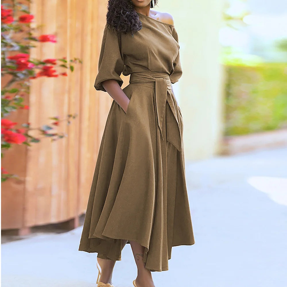 Slanted Neck 1/2 Sleeve Solid Color Sash Belted Flared Asymmetrical Dress