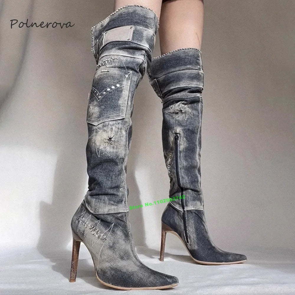 Retro Grey Denim Knee High Pointed Toe Thin High Heel Zipper Boots