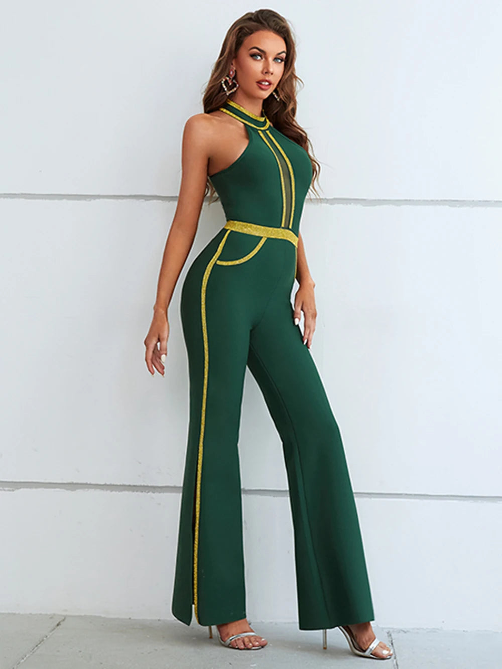 Designer Green Sleeveless Diamond Bandage Bodycon Party Split Wide Leg Jumpsuit