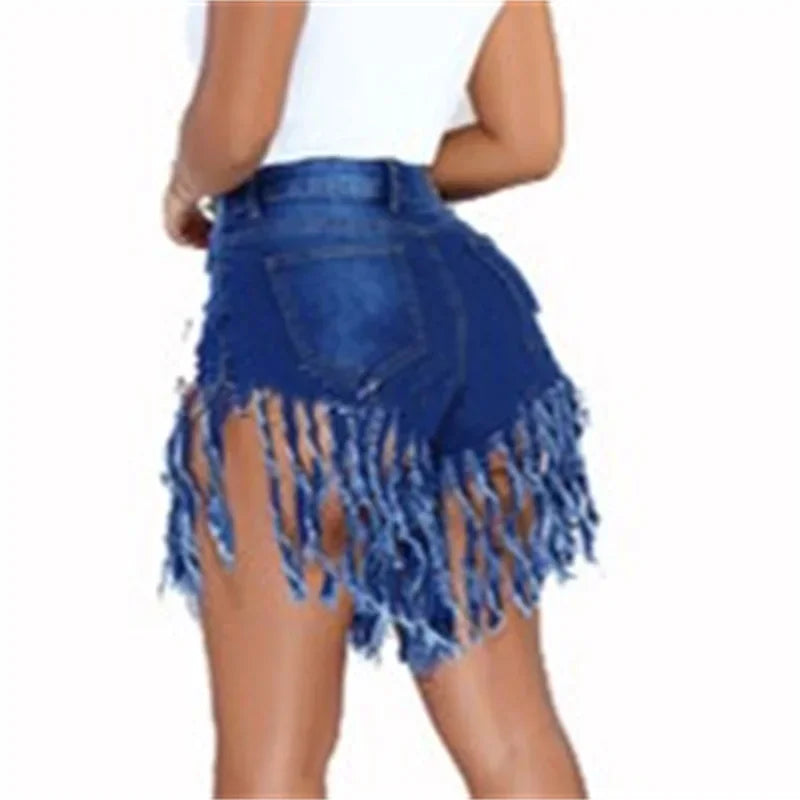 Western Denim Gradient Dark Blue/Light Blue Tassel Fringe Women's Streetwear Hip-Hop Mini Cowgirl Rodeo Jean Shorts