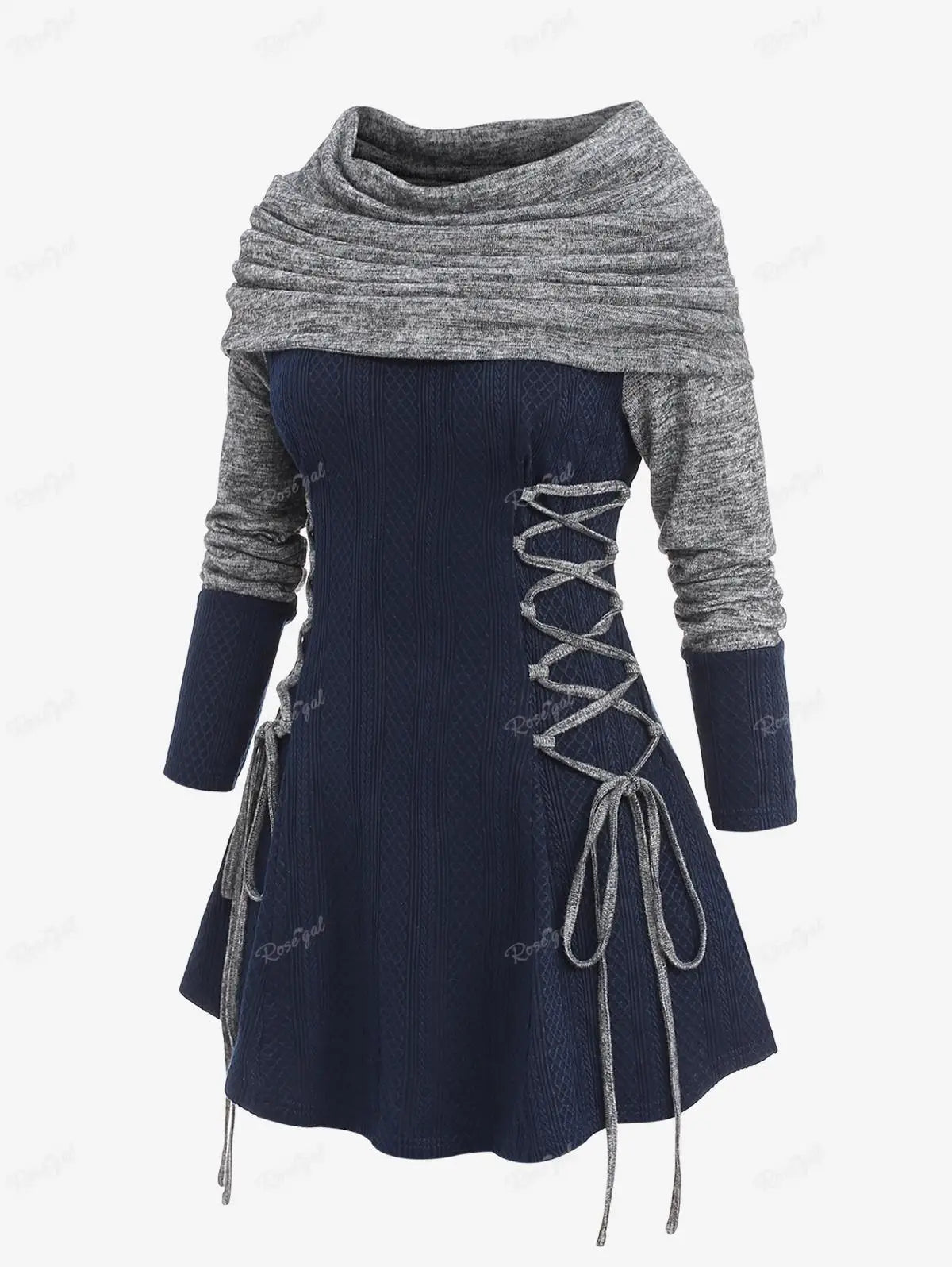 Patchwork Colorblock Ruched Turn-Down Collar Lace-Up Cable Knitted Pullover Mini Sweater Dress to 4X