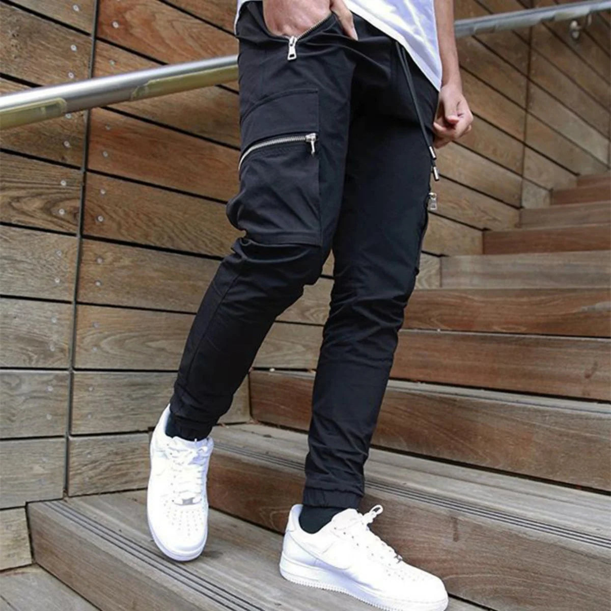 Men's Zipper Pocket Design Drawstring Solid Cargo Pants