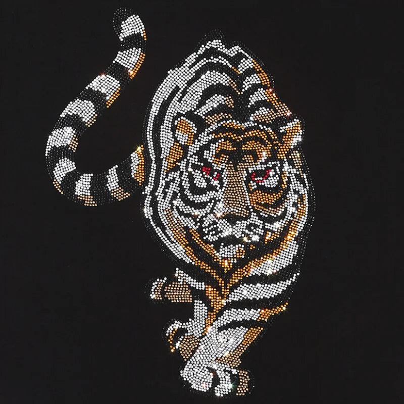 Men's Glitter Rhinestone Tiger/Crown O-Neck Long Sleeve Pullover Sweatshirt