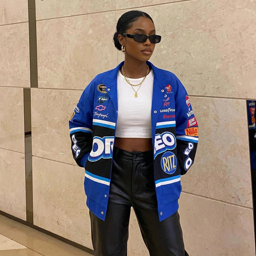Blue Racing Patch Design Unisex Long Sleeve Motorcycle Baseball Varsity Bomber Jacket