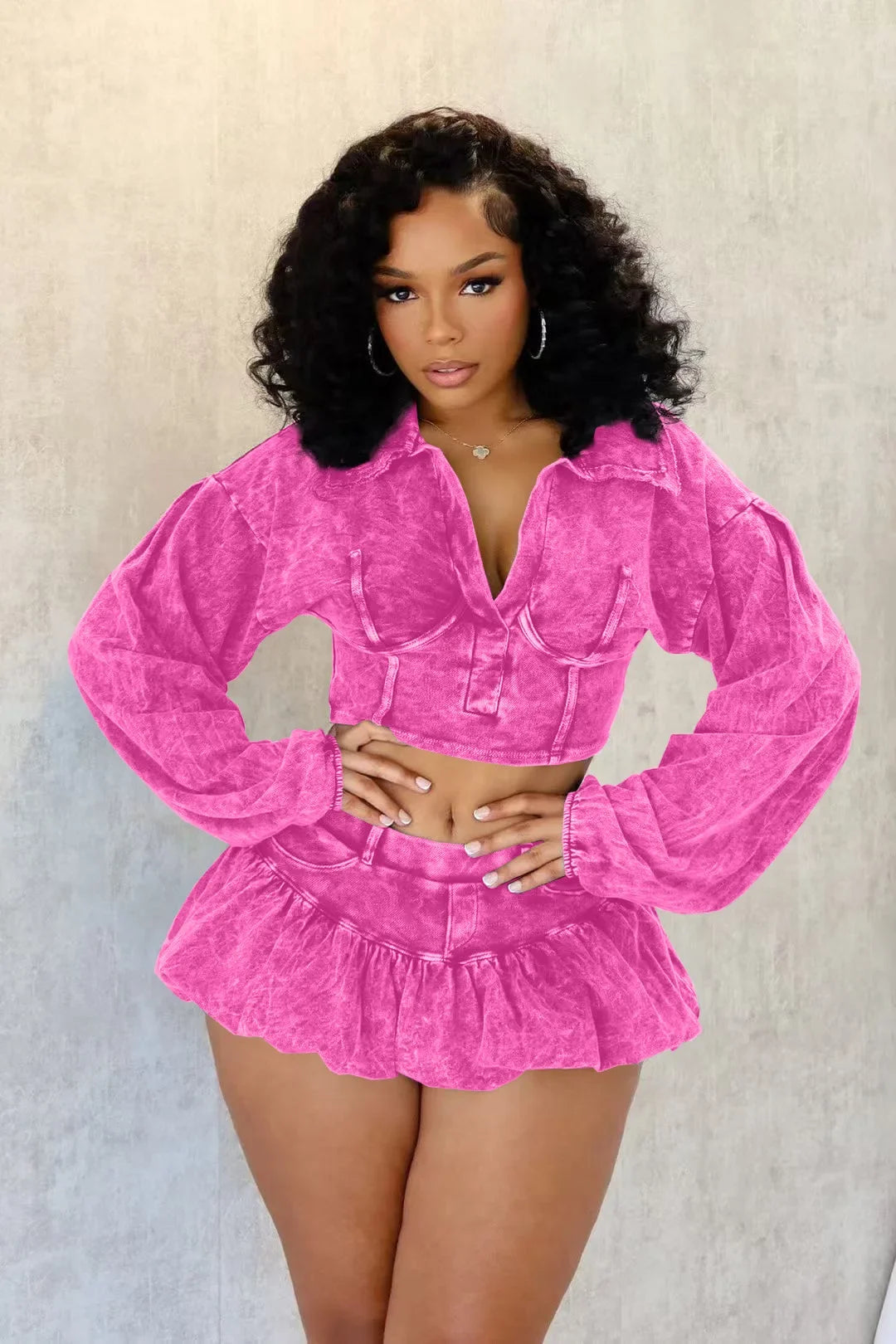 Acid Washed Distressed Women's Long Sleeve V-Neck Turn-Down Collar Cami Pullover Crop Top + Mini Ruffled Jean Skirt 2-Piece Set