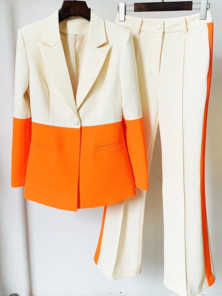 Designer Runway Suit: Women's Single Button Colorblock Blazer + Flare Pants to 4X