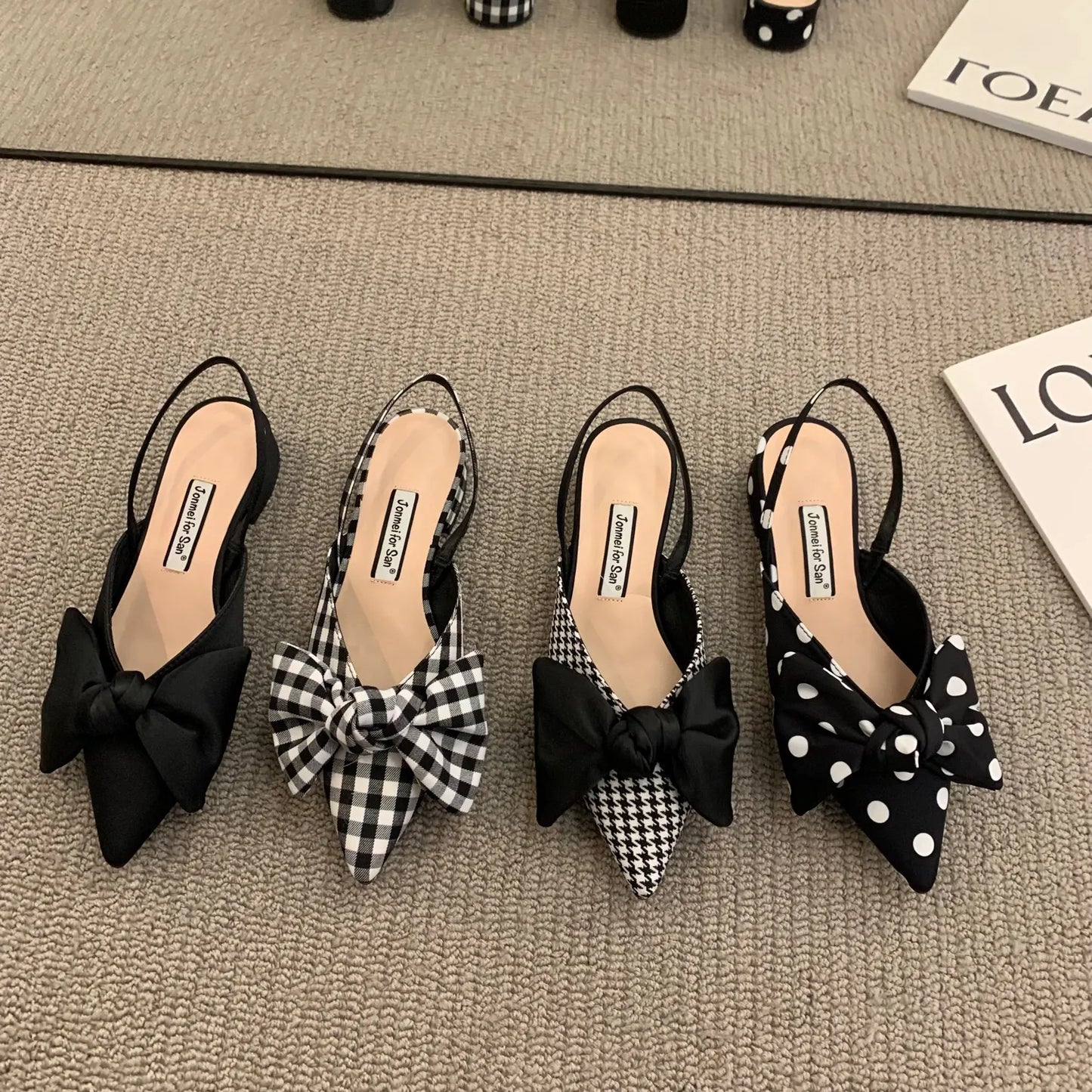 Bowtie Slingback Houndstooth/Plaid/Polka Dot Women's Pointed Low Heel Mule Flats