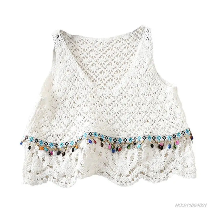 Crochet Multi-Colored Square Flower Design Knitted Square Neck Women's Sleeveless Cropped Tank Top