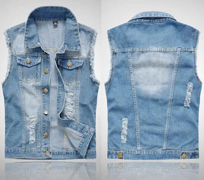 Men Sleeveless Ripped Denim Cowboy Multiple Colors Jean Vests