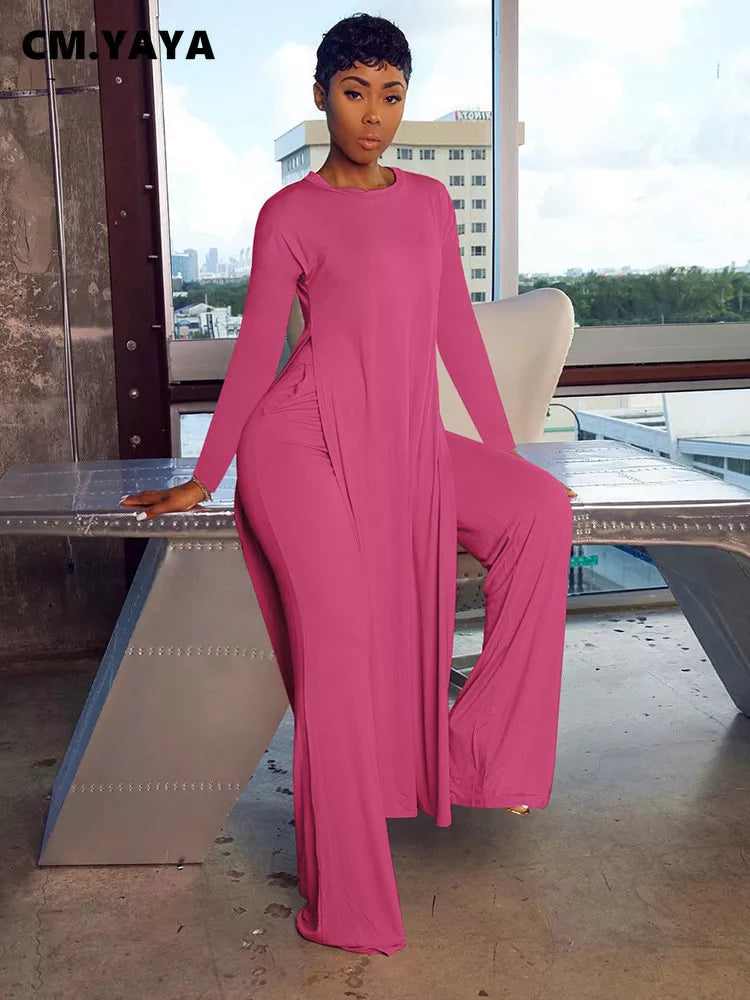 Draped Women's Long Sleeve High Slit Maxi Top + Matching Elastic Waist Pants 2-Piece Set