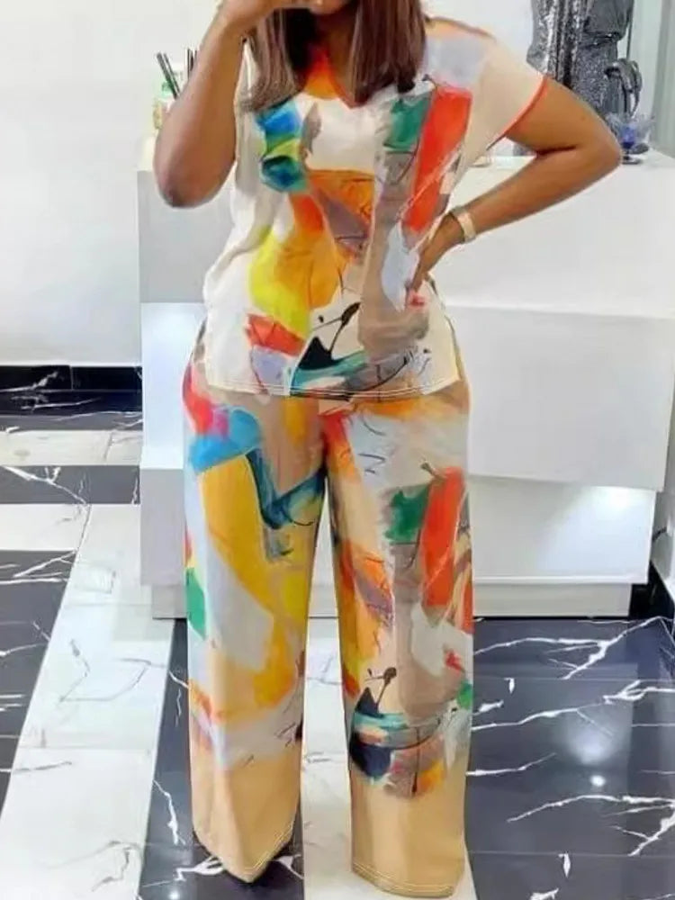 Geometric Satin Multi-Colored Short Sleeve Blouse + Loose Pants 2-Piece Set to 5X Plus Size