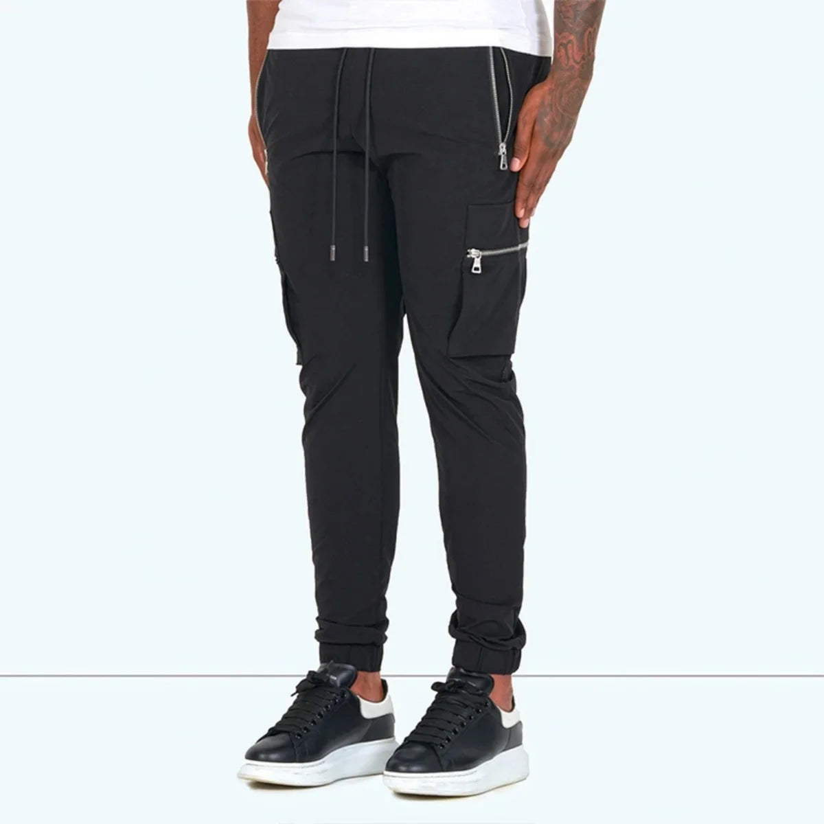 Men's Zipper Pocket Design Drawstring Solid Cargo Pants