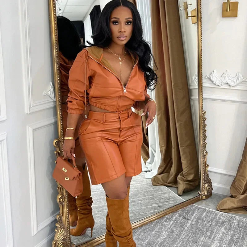 PU Leather Solid Color Long Sleeve Zipper Cropped Hoodie Jacket + Matching Shorts 2-Piece Set