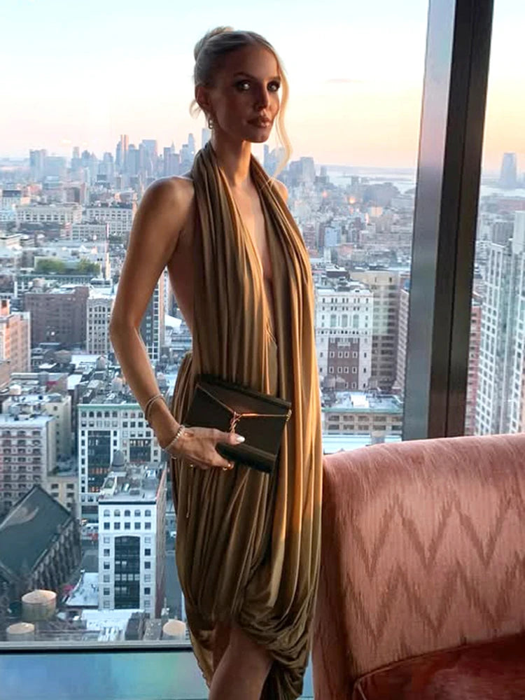 Brown Draped Sleeveless Backless Irregular Hem Solid Color Maxi Dress