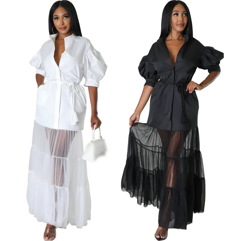 Puff 1/2 Sleeve Tiered Sheer Transparent Tulle Tutu Skirt Design Maxi Shirt Dress