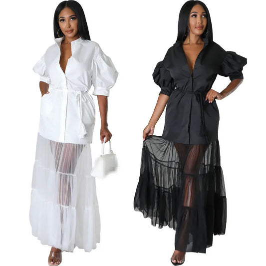 Puff 1/2 Sleeve Tiered Sheer Transparent Tulle Tutu Skirt Design Maxi Shirt Dress
