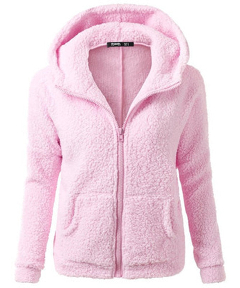 Fleece Soft Hooded Zipper Solid Lightweight Women's Jacket