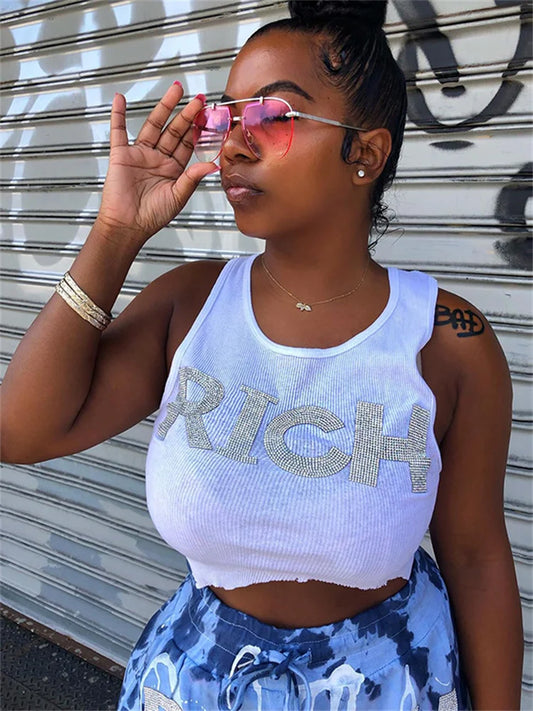 Streetwear O-Neck "Block His Number & Let Little Ugly Have Him" "RICH" "SEX SYMBOL" Print O-Neck Sleeveless Crop Tank Tops