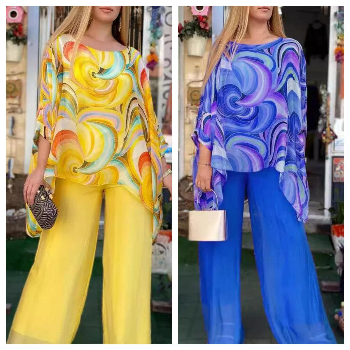 Swirl Geometric Chiffon Batwing Long Sleeve Blouse + Solid Pants Women's 2-Piece Set