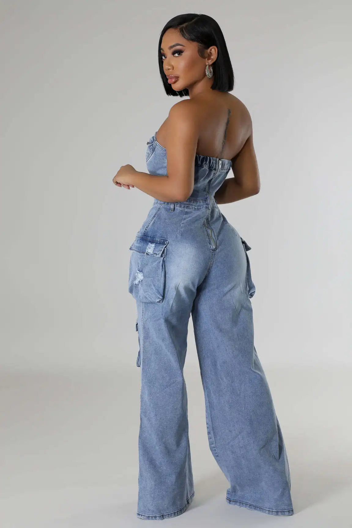 Denim Sleeveless Button-Up Tube Top Women's Ripped Hole Design Multi-Pocket Strapless Skinny Wide Leg Cargo Jean Jumpsuit