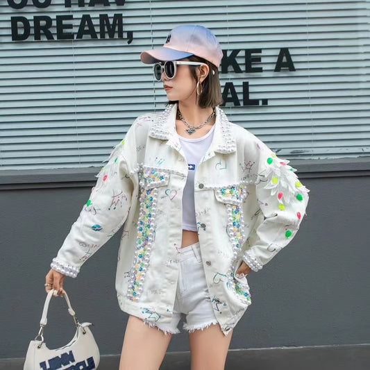 Denim Pearl Sequin Crystal Embellished Women's Loose Long Sleeved Jean Jacket