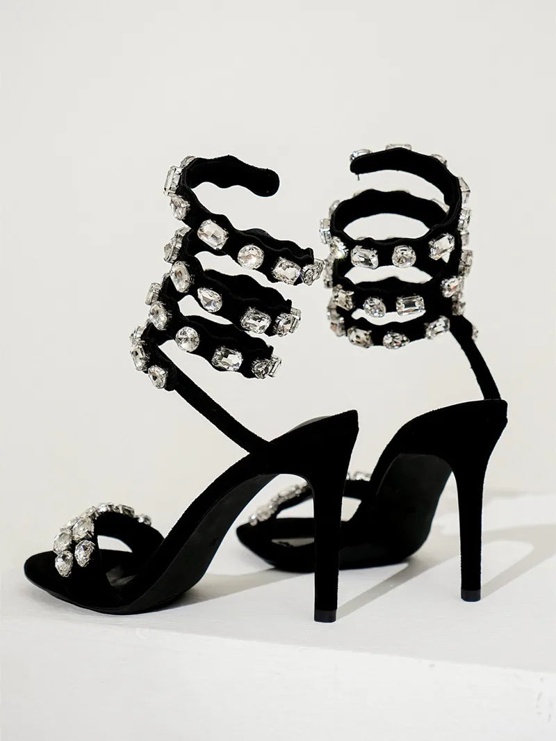 Rhinestone Crystal Embellished Spiral Band Stiletto Heel Gladiator Open Toe Sandal Pumps