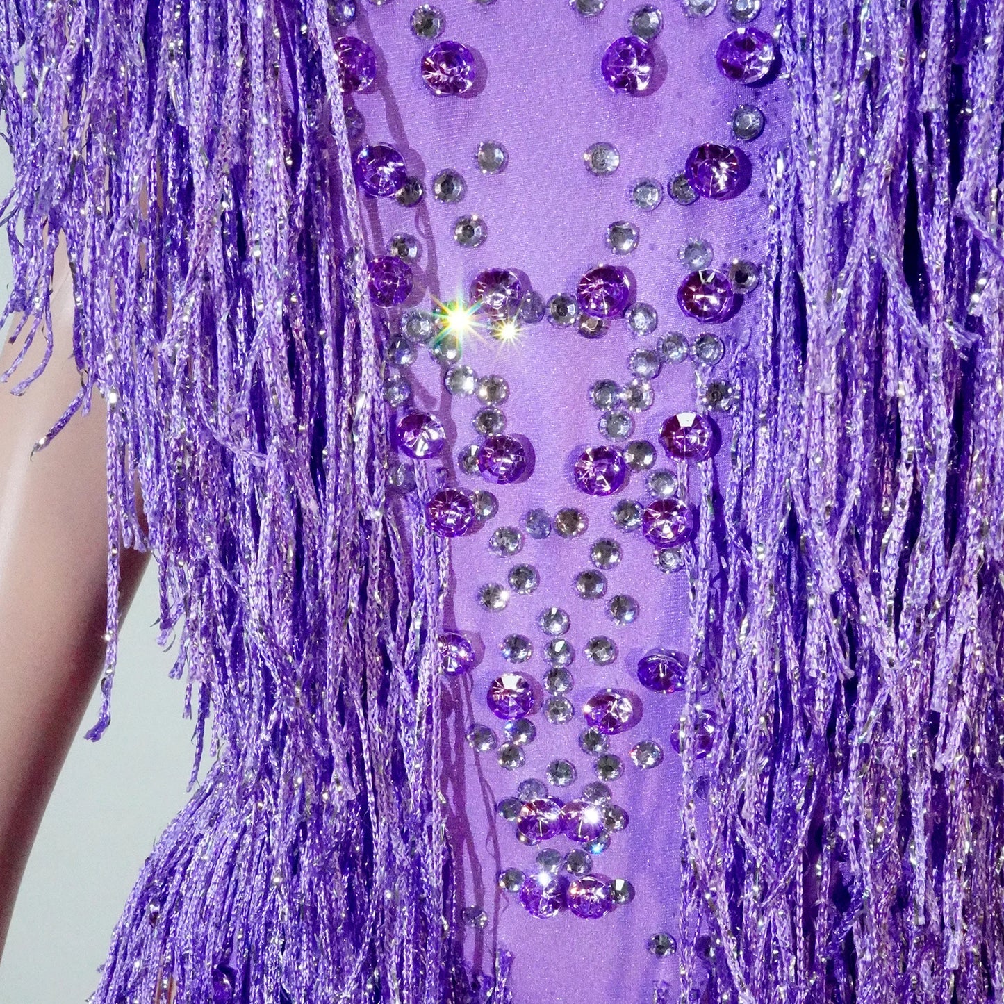 Tassel Fringe Design Sleeveless Zipper Back Sparkling Rhinestone Women's Formal Stage Dance Bodysuit