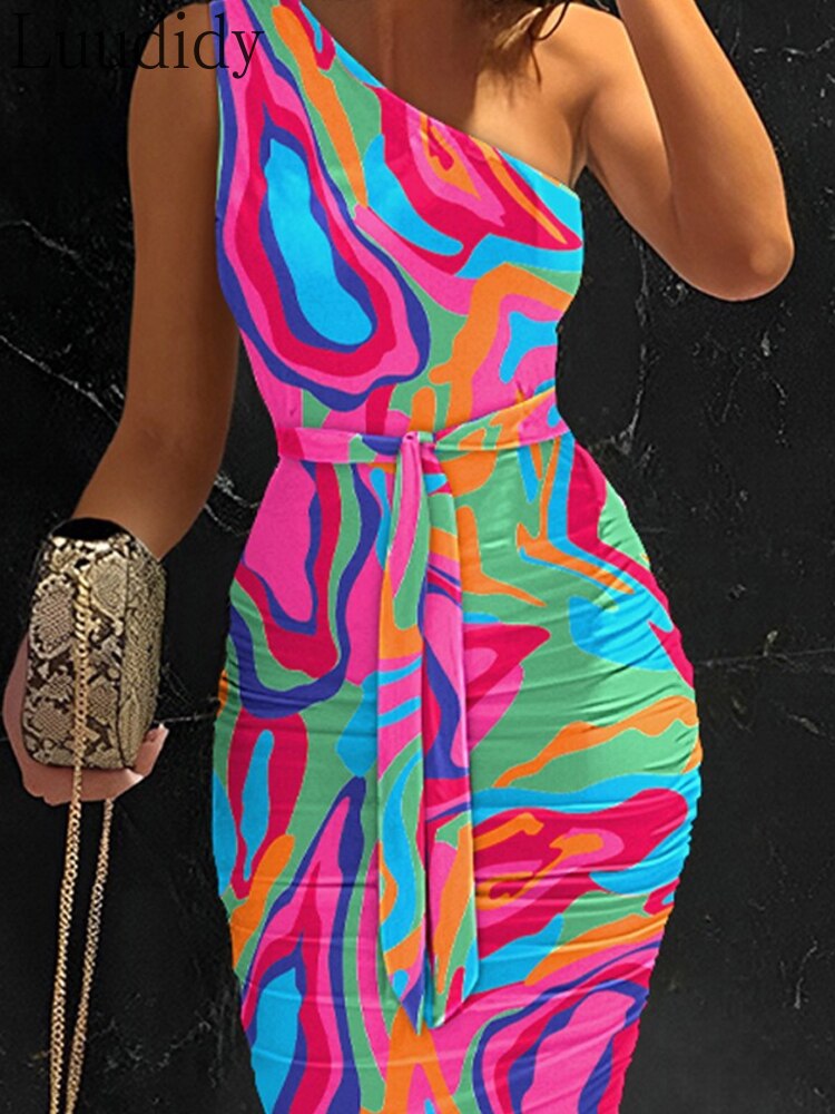 Abstract Multi-Colored Print One Shoulder Bodycon Dress