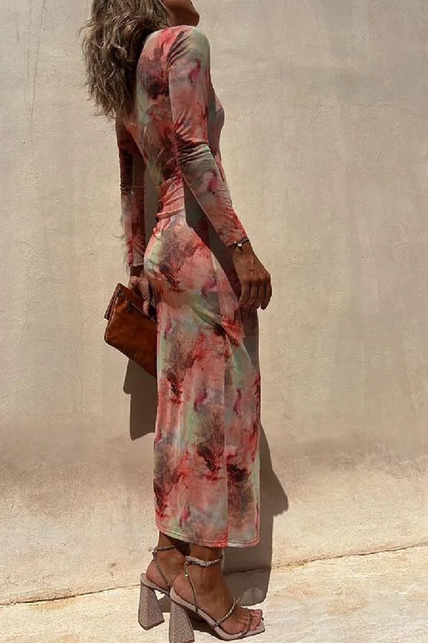 Mesh Floral Transparent Printed Long Sleeved Dress