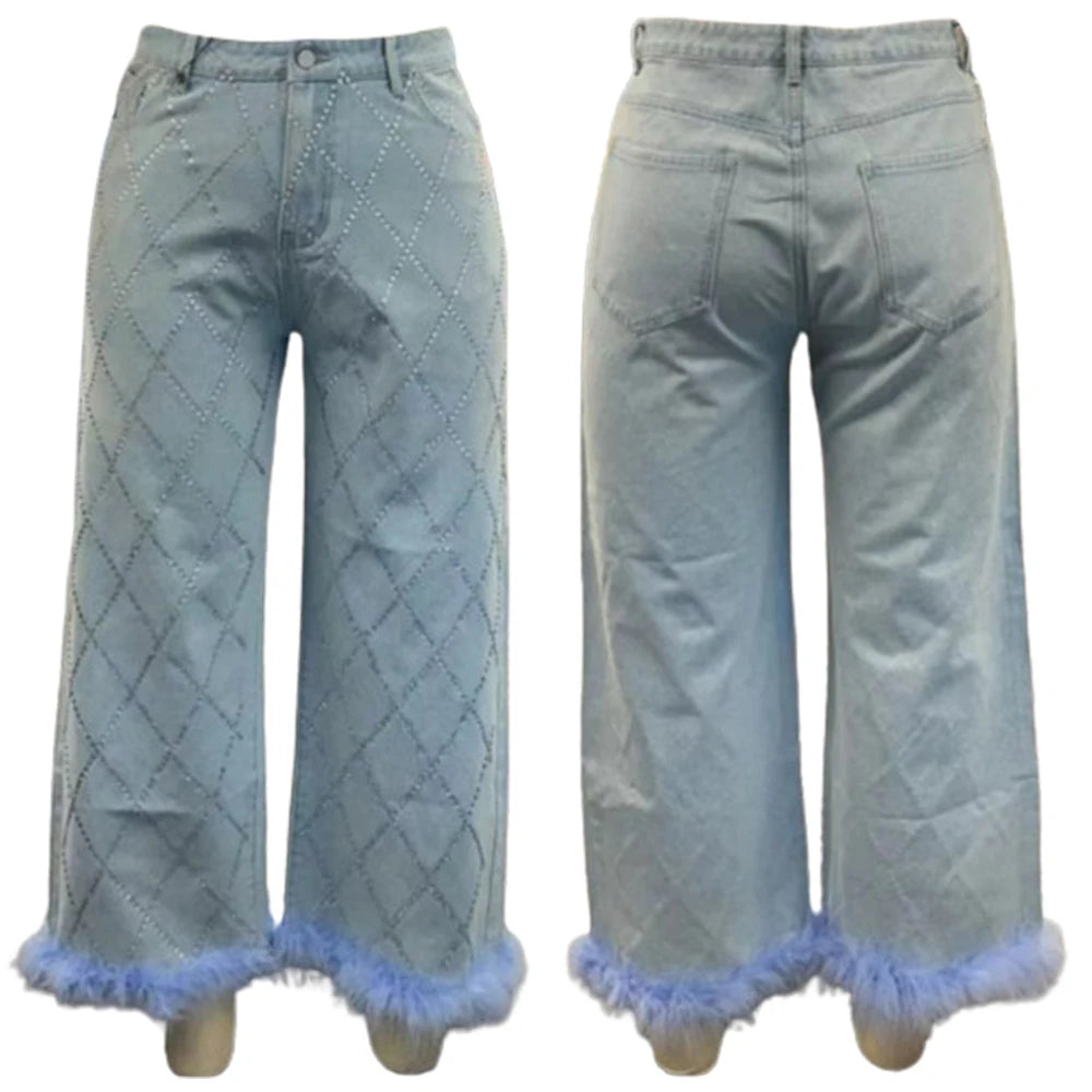 Rhinestone Hot Drill Women's Denim Light Blue High Waist Feather Hem Ankle-Length Jeans to 5X