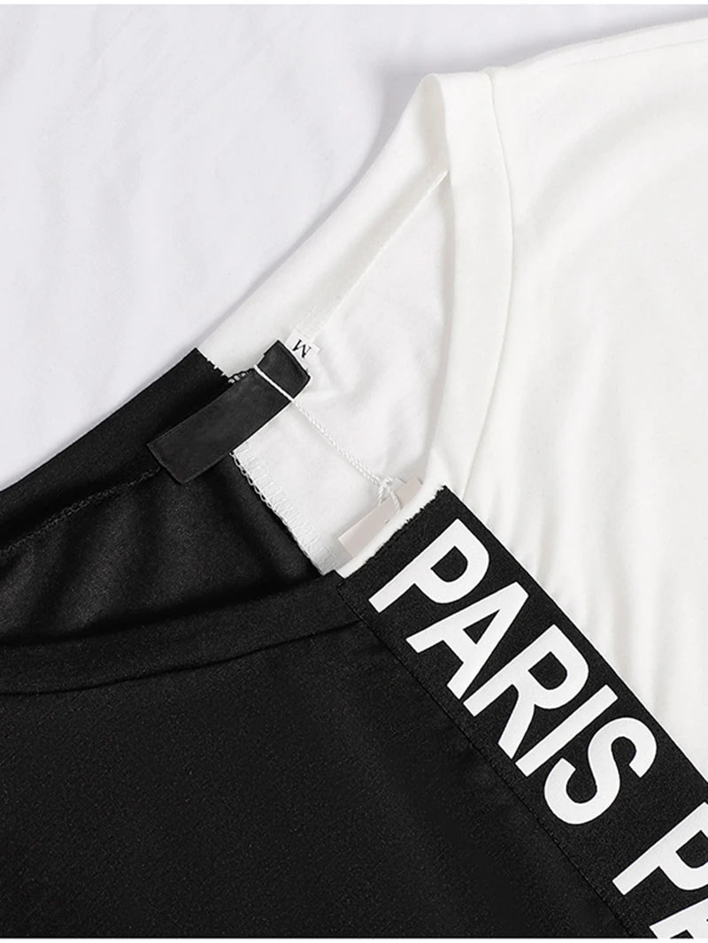 "PARIS" Off Shoulder Letter Print Colorblock T-Shirt + Sweatpants 2-Piece Set