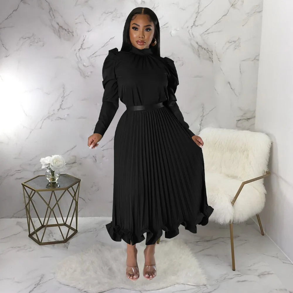 Women’s Solid Color O-Neck Lantern Sleeve Blouse + A-Line Flounce Formal Pleated Maxi Skirt w/ Sash Belt 2-Piece Set