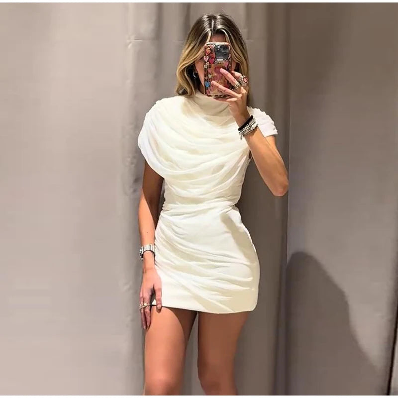 Layered Patchwork Cinched Waist Solid Color Short Sleeve Bodycon Formal Party Dress