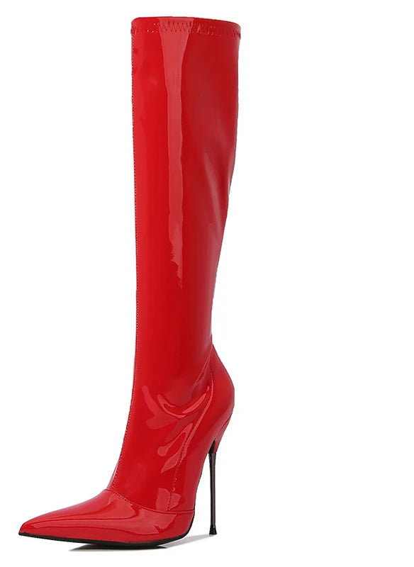 Patent Leather Solid Color Knee-High Pointed Toe Women's Ultra Thin Stiletto Metal Heel Wide Calf Boots