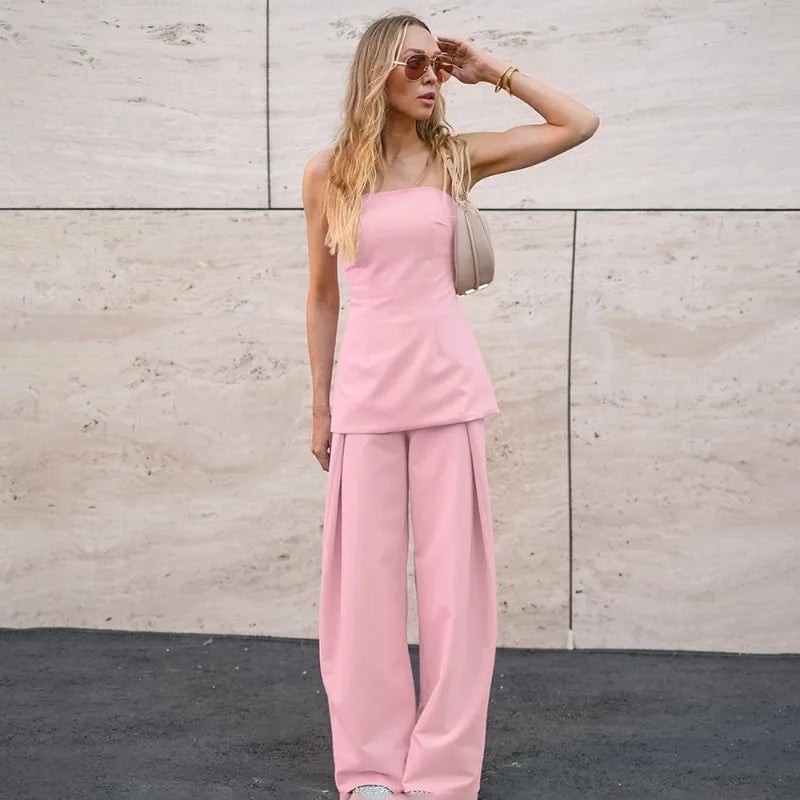 Pink Patchwork Streetwear Sleeveless Tube Top + Baggy Streetwear Pants Women's 2-Piece Set