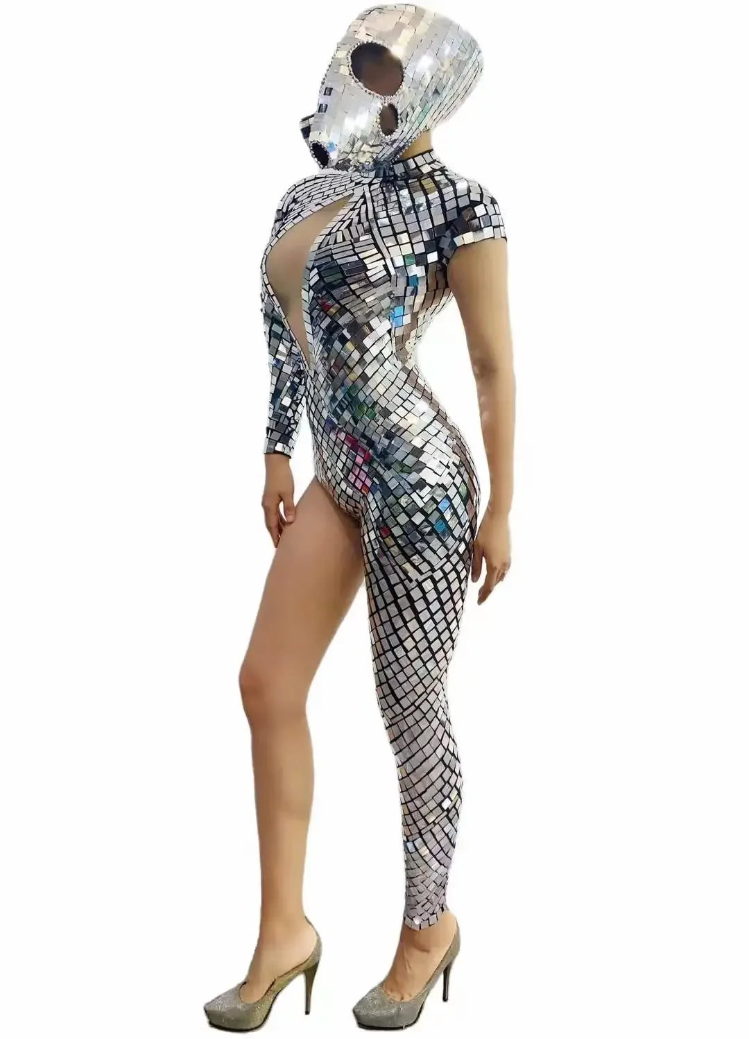 Mirror Metallic Hollow-Out One Leg Design Performance Costume Jumpsuits