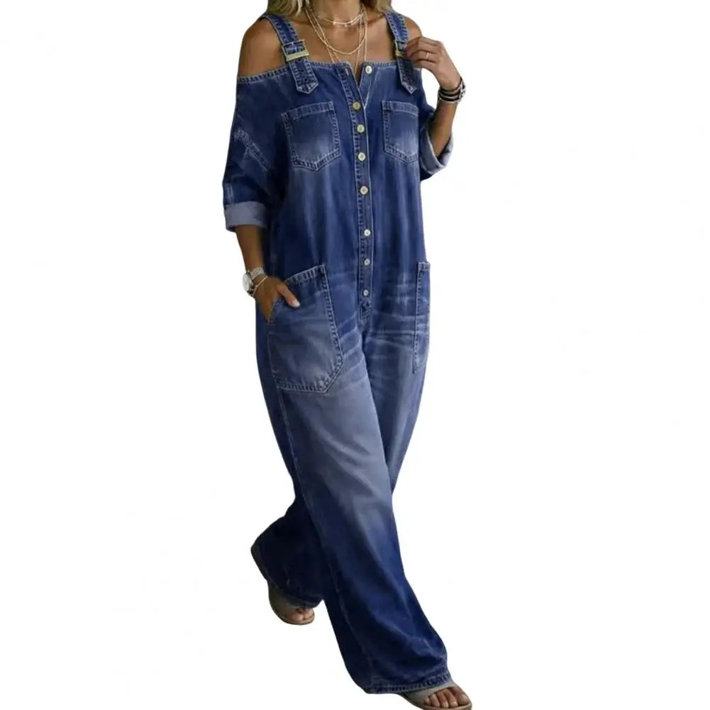 Denim Off-the-Shoulder Stretch Long Sleeve Women's Overall Wide Leg Jeans Jumpsuit to 3X Plus Size
