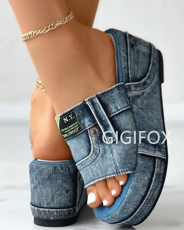 Denim Wedge Platform Open Toe Fashion Sandals