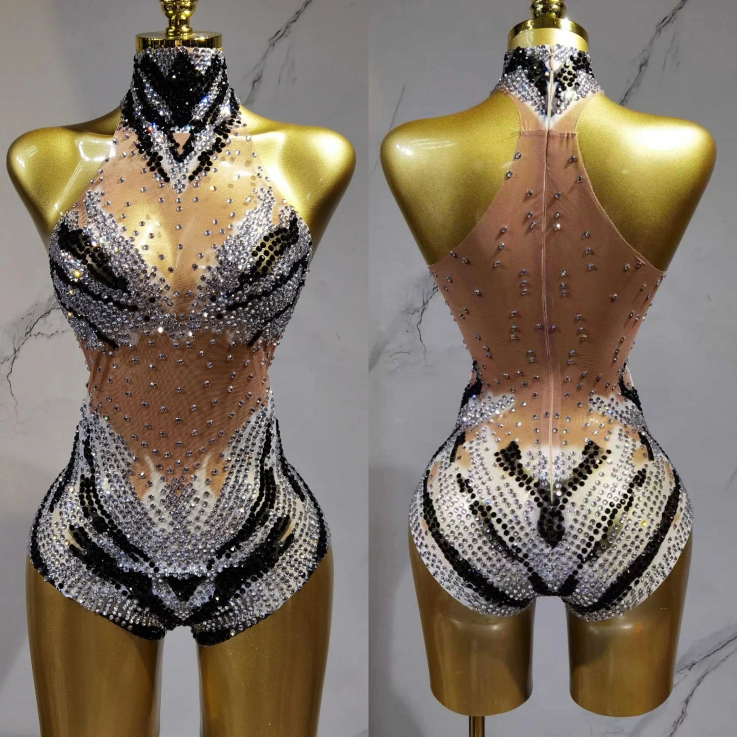 Sparkling Rhinestone Hollow-Out Long Sleeve Stage Formal Stage Performance Skin Tight Bodysuit