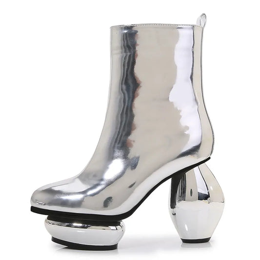 Liquid Chrome/Leopard/Solid Patent Leather Ball Heel Ankle Boots