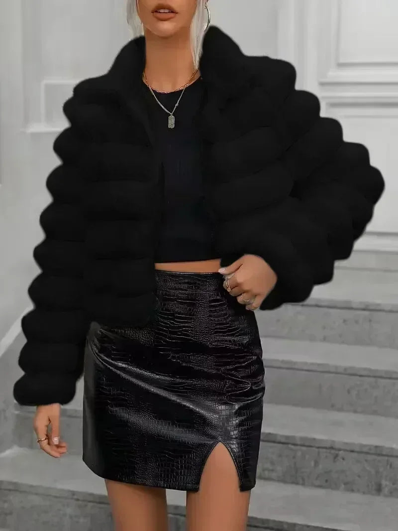 Ribbed Women's Faux Mink Fur Solid Color Turn-Down Collar Long Sleeve Jacket to 3X Plus Size