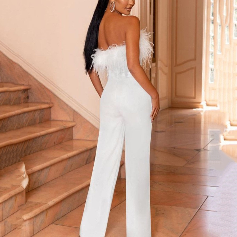 Feather Sleeveless Solid Color Party Jumpsuit