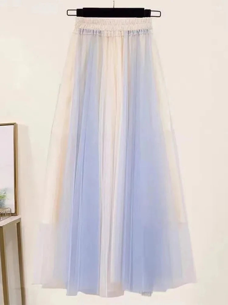 Lace-Up White/Baby Blue Colorblock Knitted Spliced O-Neck Sweater + Bowtie Gradient Gauze Maxi Skirt 2-Piece Set