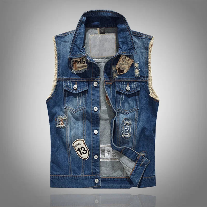 Men's Denim Ripped Skinny Punk Patchwork Sleeveless Button-Up Jean Vest