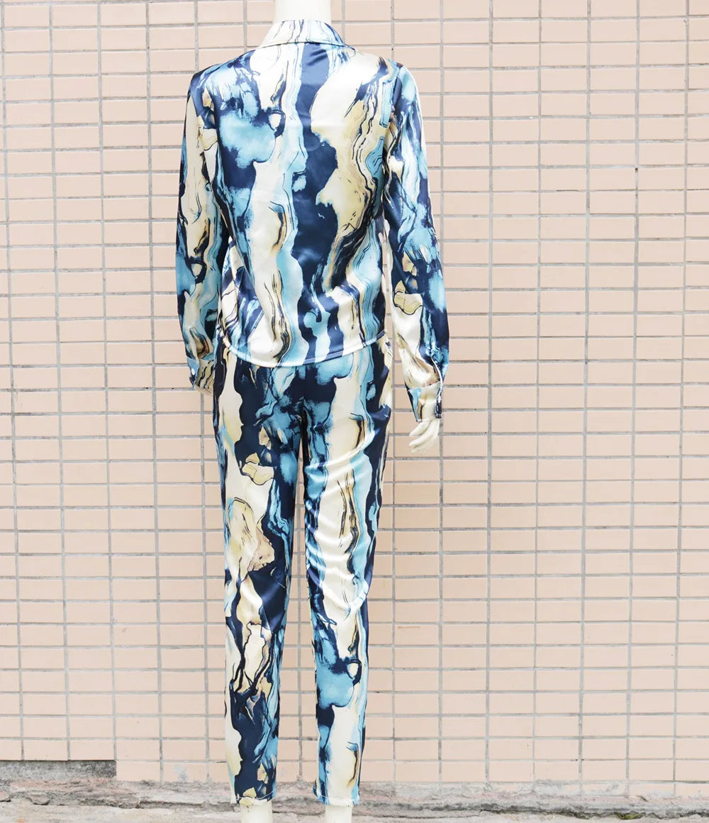 Satin Tie-Dye Print Turn Down Collar Long Sleeve Blouse + Pencil Pants 2-Piece Set