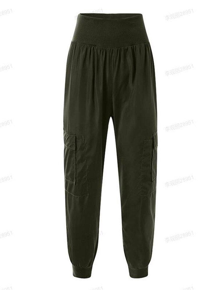 Elastic Waist/Ankle Solid Vintage Elastic Waist Ladies Cargo Pants